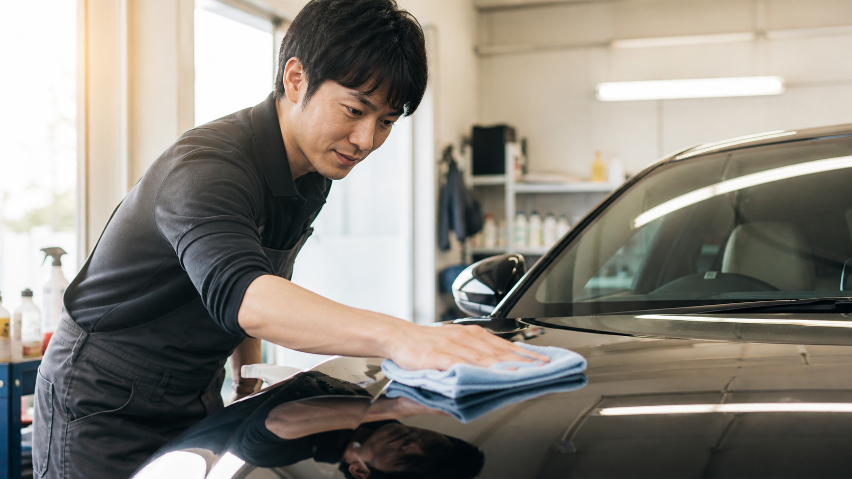 コーティング後の車を丁寧に仕上げるスタッフ